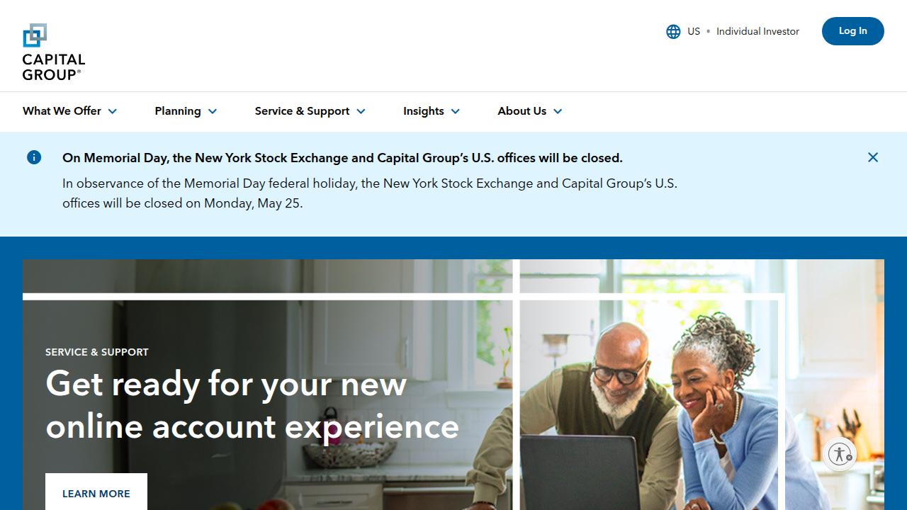 A screenshot of the Capital Group website, showcasing their brand and investment services.
