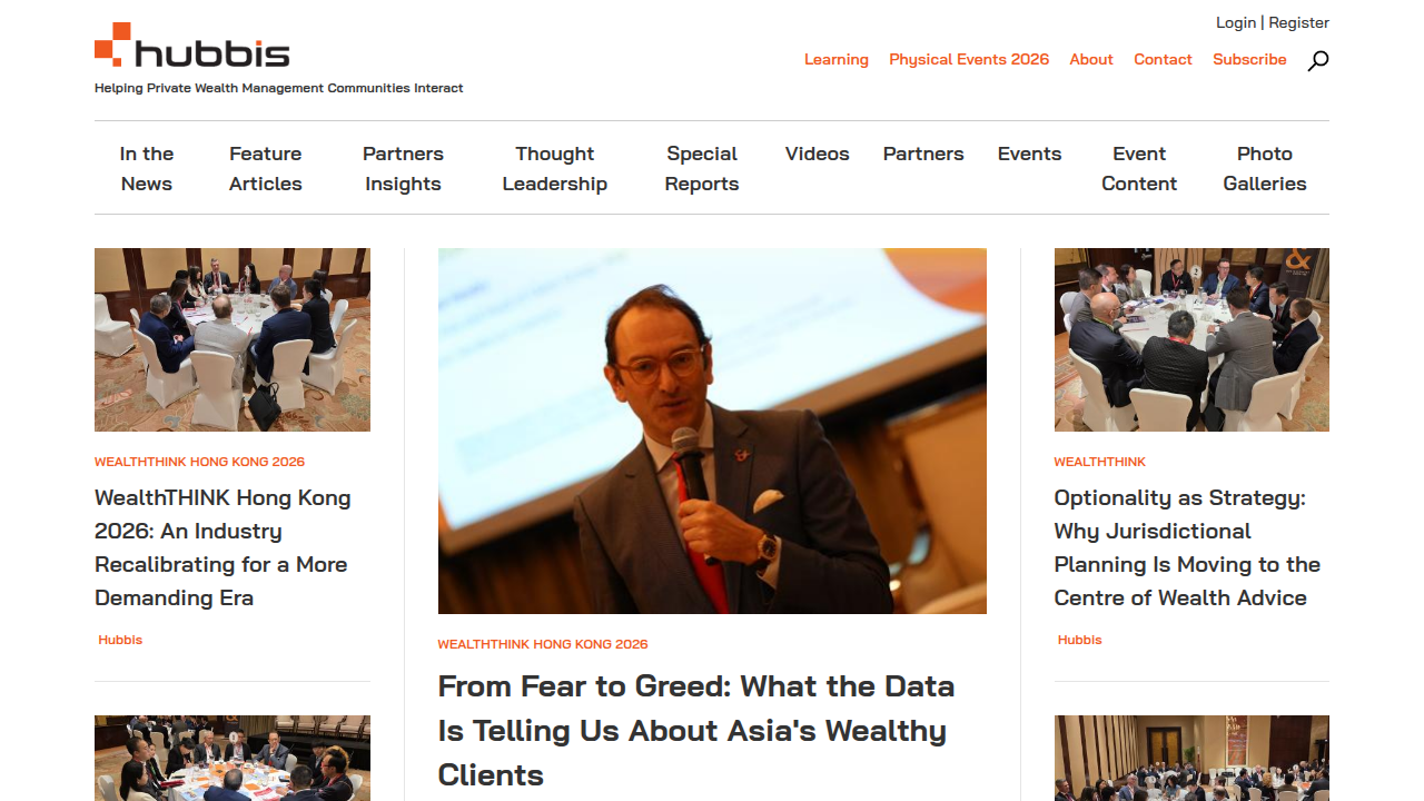 A screenshot of the Hubbis website, a platform for wealth management insights.