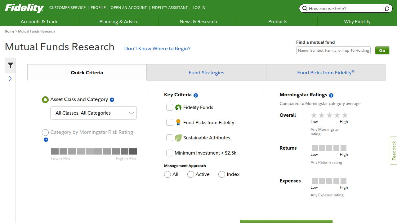 A screenshot of Fidelity's fund research platform, where investors can evaluate American Funds.