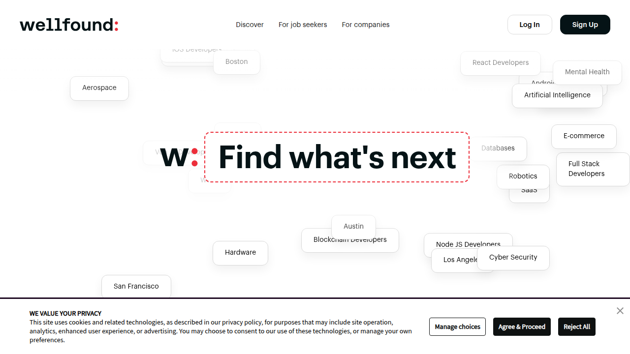 Screenshot of the AngelList homepage, a free platform connecting early-stage startups with investors.