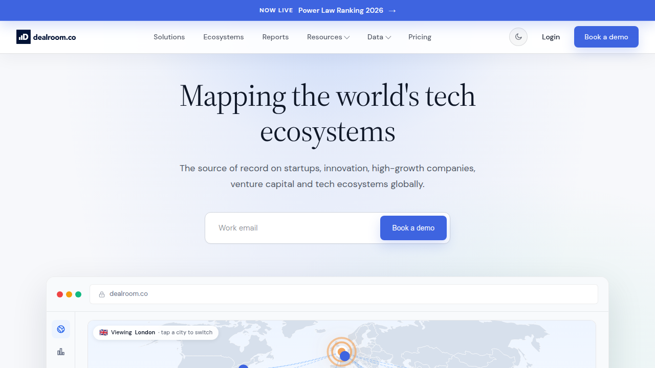 Screenshot of the Dealroom homepage, a prominent platform for European startup and tech ecosystem data.