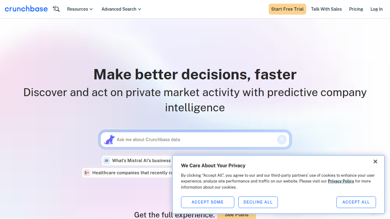 Screenshot of the Crunchbase website, a popular platform for discovering early-stage investment opportunities and company data.