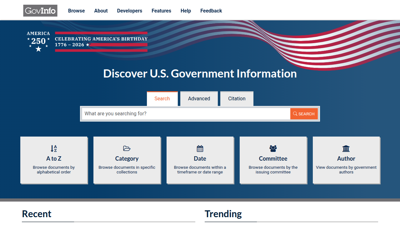A screenshot of GovInfo, a service providing access to government publications and information.