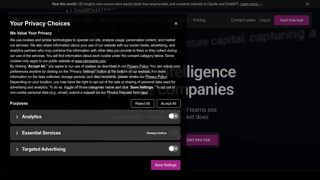 A screenshot of the CB Insights homepage, known for market intelligence and tech trend analysis.