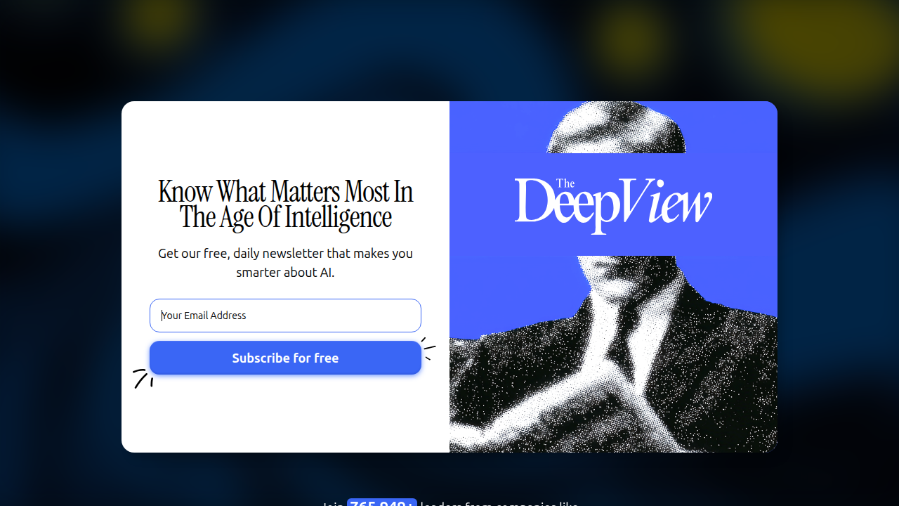 A landing page inviting users to subscribe to The Deep View Newsletter for daily tech insights.