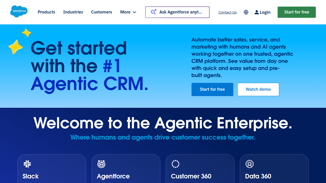 The Salesforce homepage, a leading platform for business software including AI tools and CRM solutions.