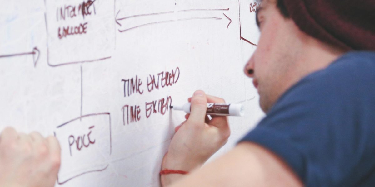 A person actively outlines strategies and notes key points on a whiteboard, developing a clear plan.
