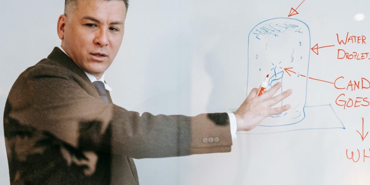 A confident founder explains their innovative technology and business model to potential investors, showcasing clear framing.