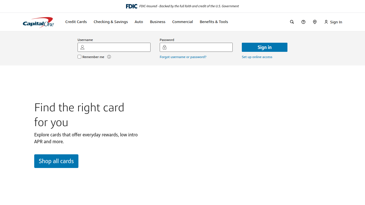 Capital One's official website, representing one of the largest credit card issuers in the U.S.