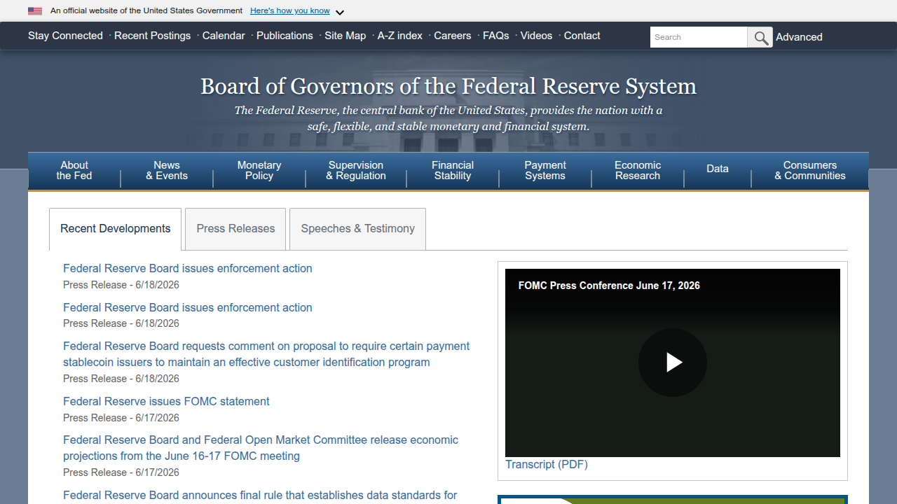 The official website of the Federal Reserve, a key regulatory body overseeing financial mergers.