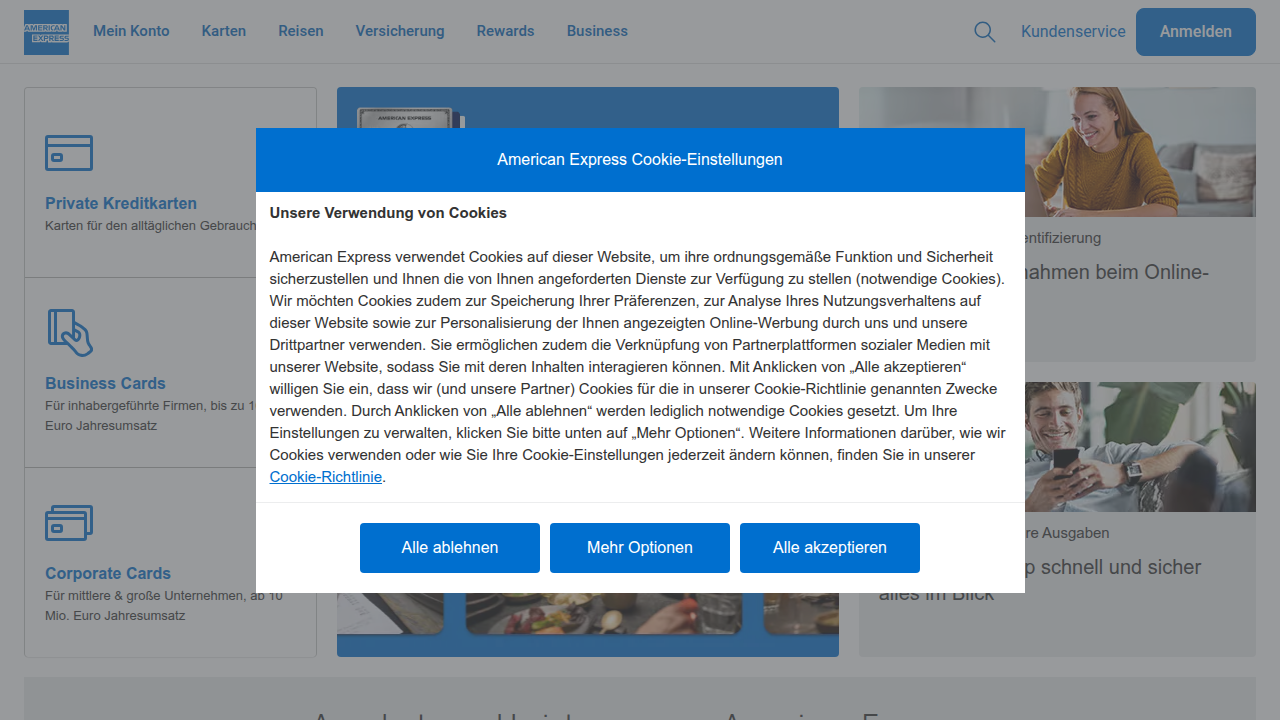 The homepage of American Express, a major competitor in the credit card industry now facing a larger combined entity.