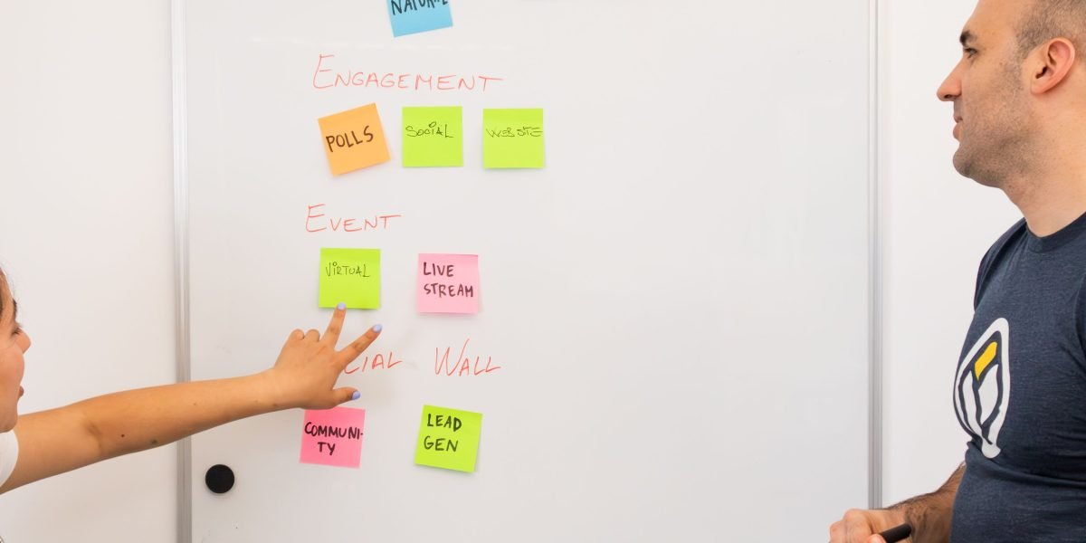 A team collaborating around a whiteboard, mapping out their strategy for engaging with innovation networks.
