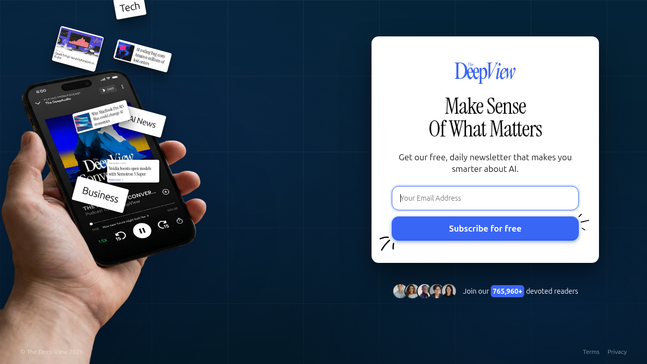 Screenshot of The Deep View's subscription page for their AI Newsletter, offering daily tech and investment trend updates.