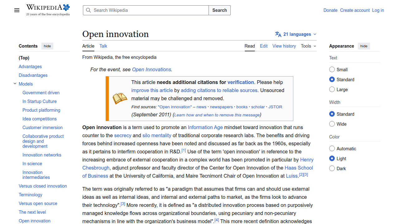 Screenshot of the Wikipedia page explaining the 'Open innovation' model and its evolution.