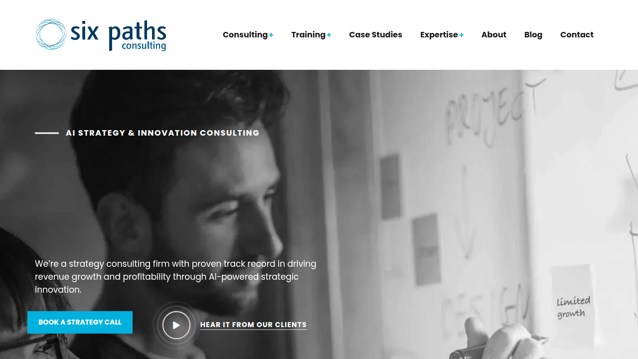 Screenshot of the Six Paths Consulting homepage, a resource for startup and innovation guides.