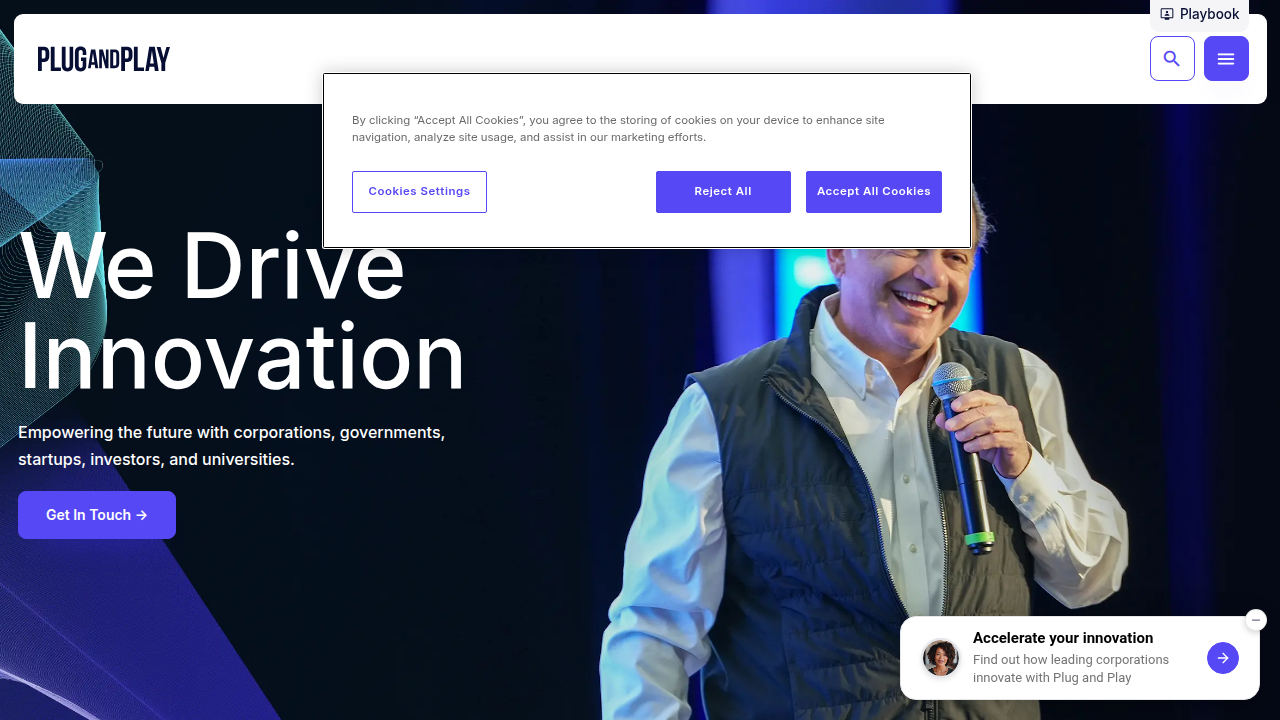 Screenshot of the Plug and Play Tech Center's homepage, showcasing their role as a global innovation platform.