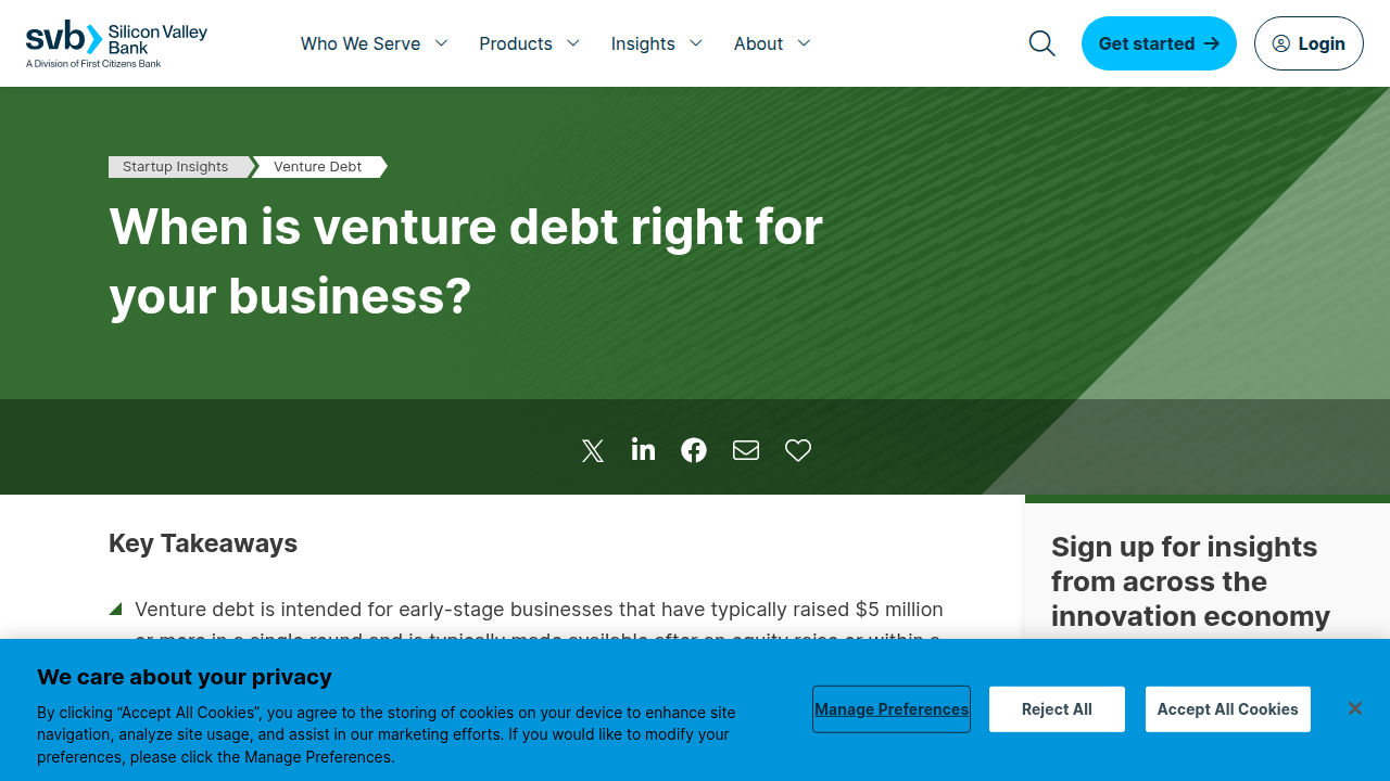 Screenshot of Silicon Valley Bank's guide on determining when venture debt is the right choice for a business.