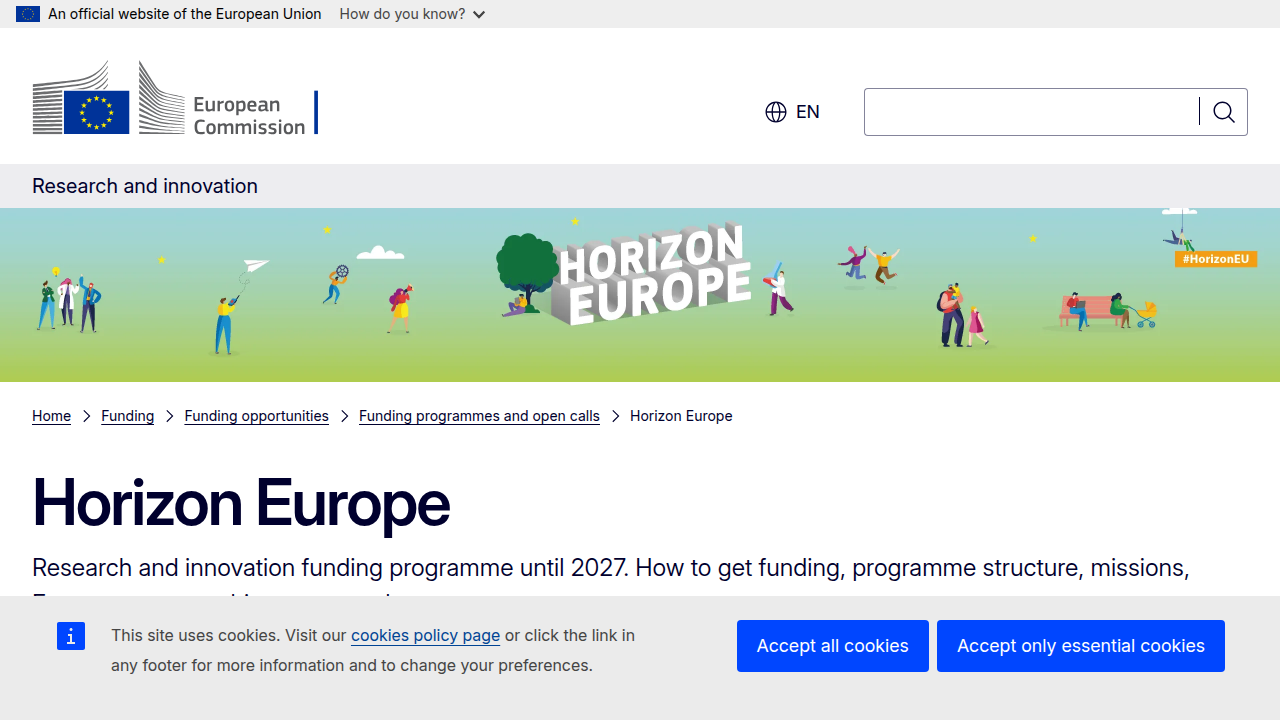 Screenshot of the official Horizon Europe website, detailing funding opportunities for collaborative innovation projects.
