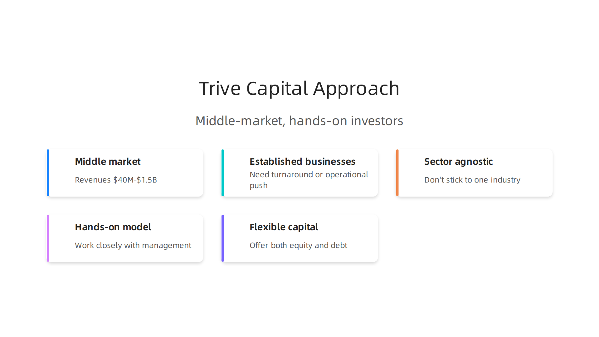An infographic detailing the distinct investment approach of Trive Capital, focusing on their target companies and operational model.