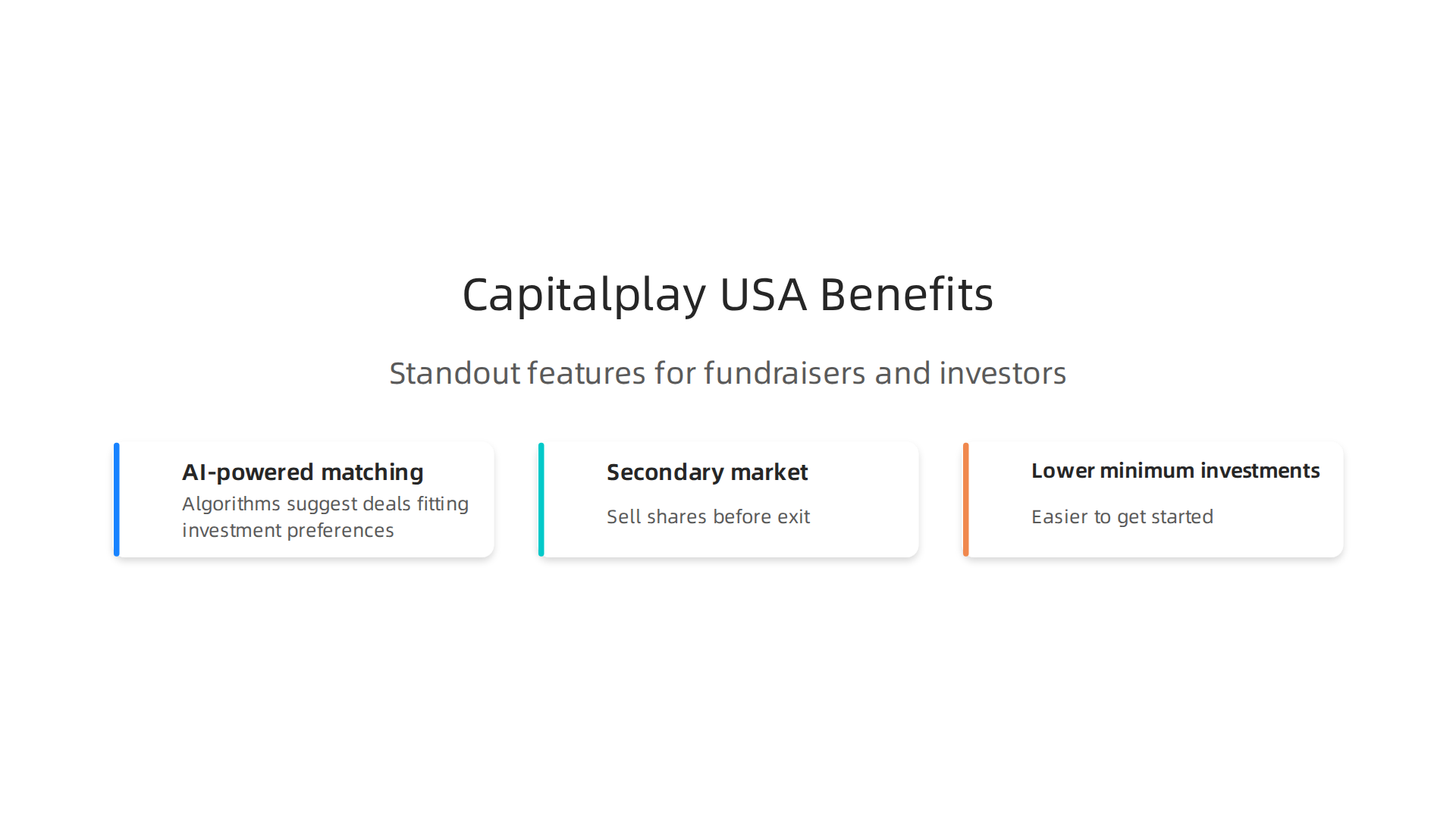 An infographic highlighting the distinct advantages of Capitalplay USA for investors and founders.