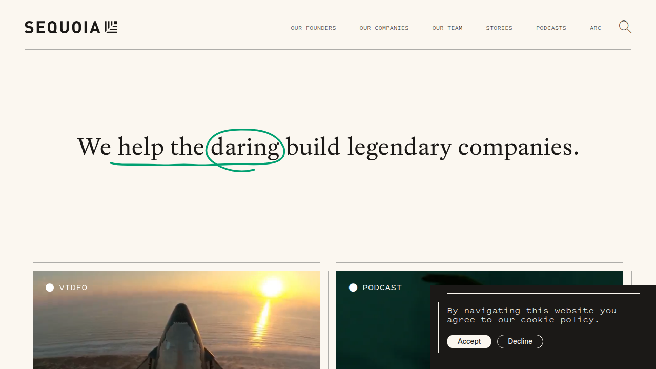 The official website of Sequoia Capital, a prominent venture capital firm often compared to Founders Fund.