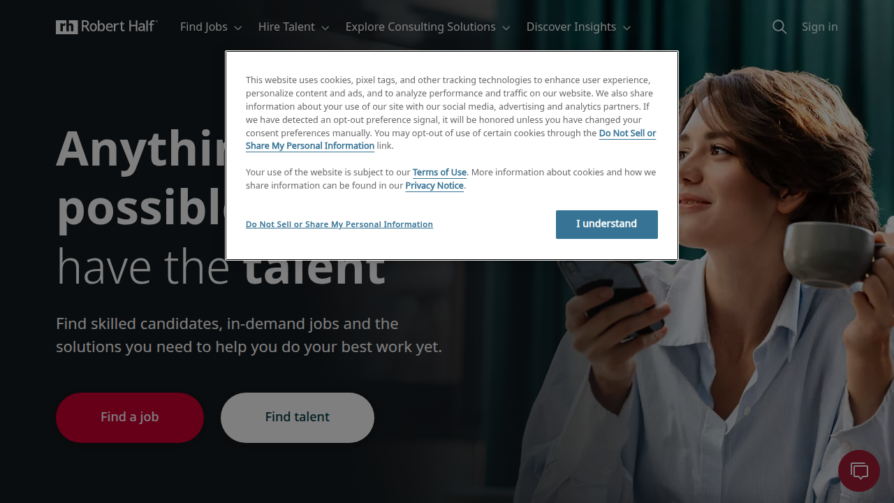 Screenshot of the Robert Half homepage, a global talent solutions and consulting firm, highlighting their insights into the tech job market.