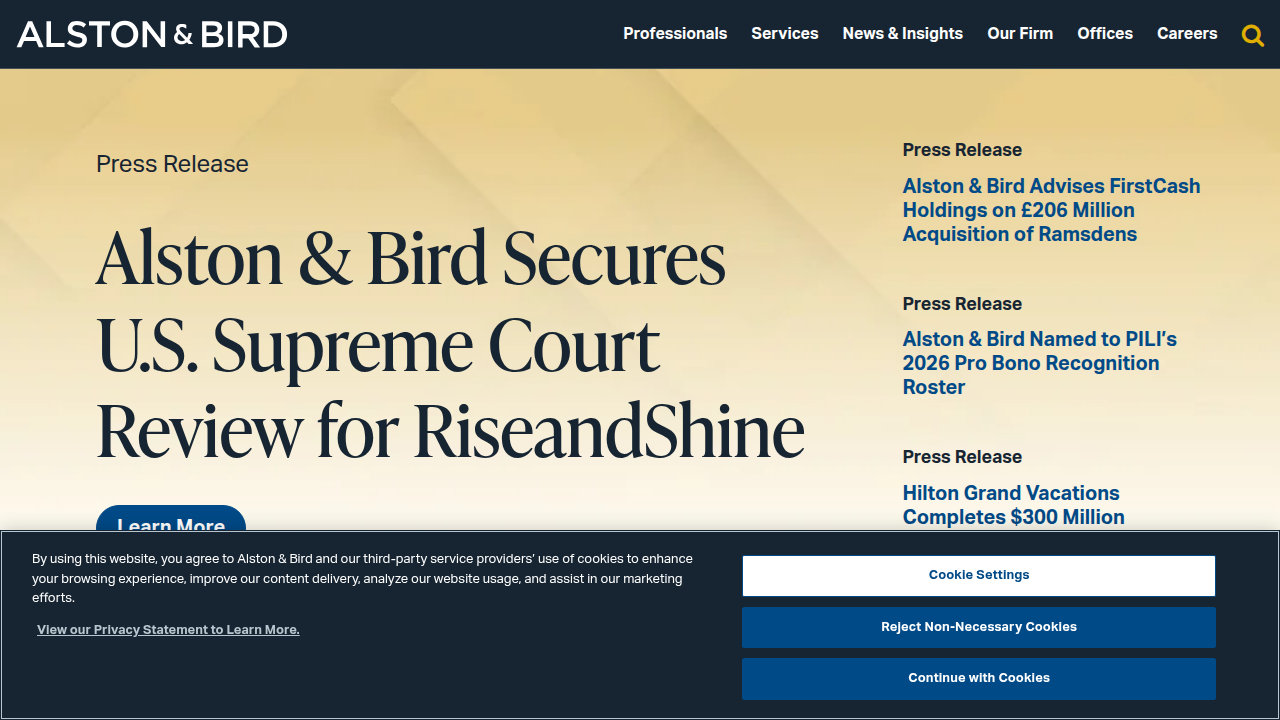 Alston & Bird's website, a legal resource offering insights into regulatory compliance for defense contractors.