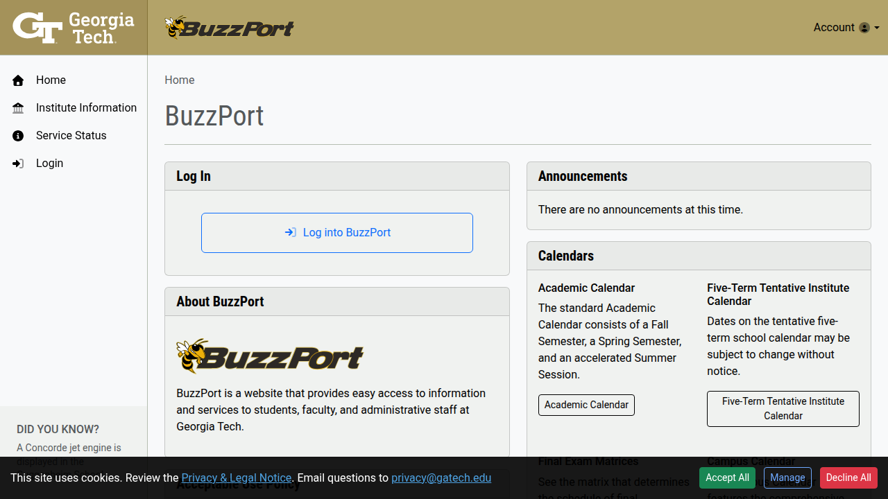 The homepage of Georgia Tech BuzzPort, the central online portal for university resources and services.