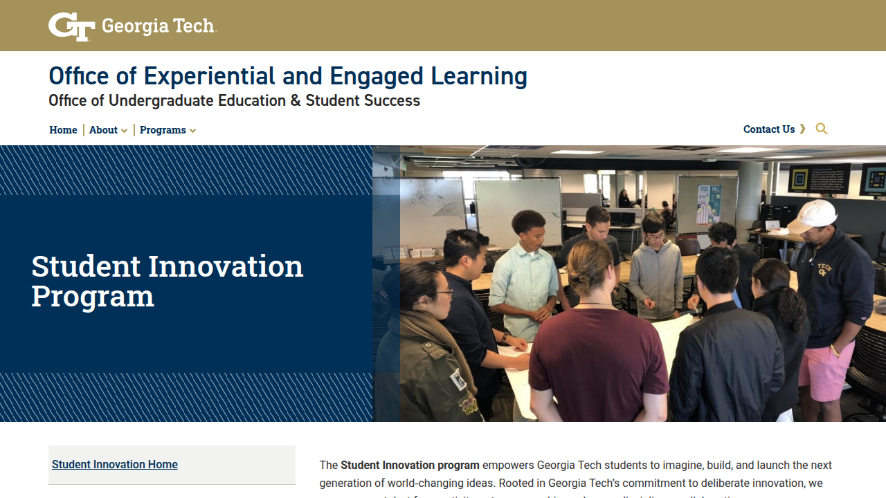 The landing page for Georgia Tech's Student Innovation Program, showcasing opportunities for student entrepreneurs.