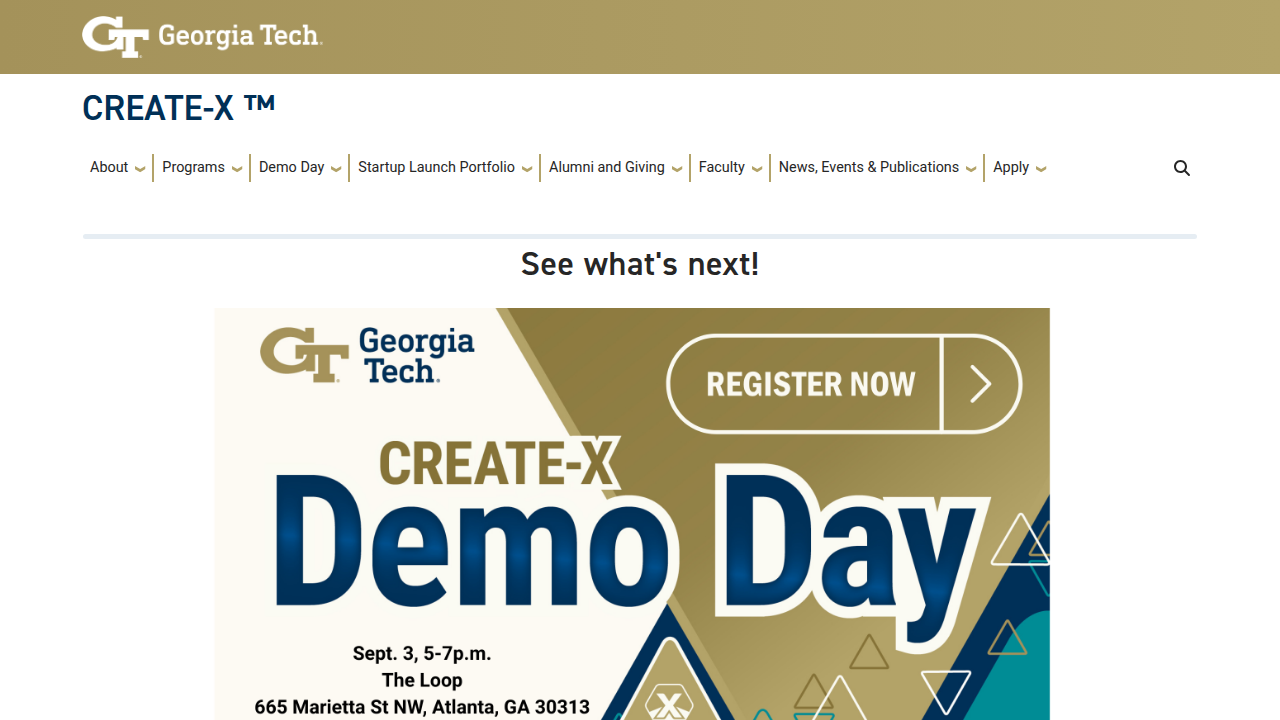 The website for Georgia Tech's CREATE-X program, which supports student innovation and entrepreneurship.