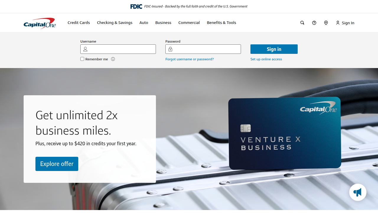 A screenshot of Capital One's official website, a major financial services company and parent to Capital One Ventures.