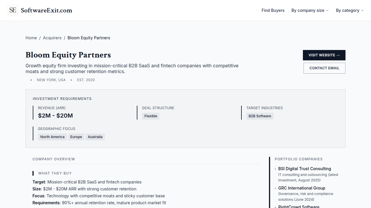 Access SoftwareExit for detailed insights into Bloom Equity Partners' specific acquisition criteria and preferences.