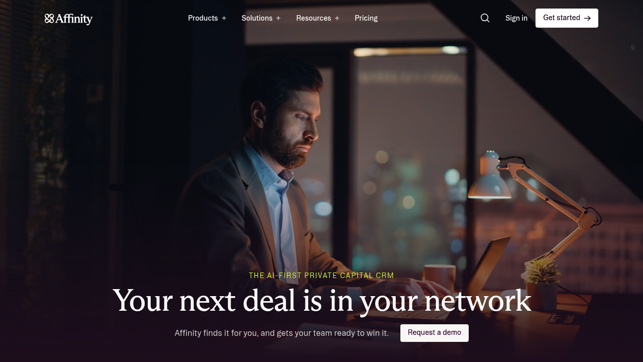 A screenshot of the Affinity homepage, a platform relevant to deal sourcing and relationship intelligence for investors.