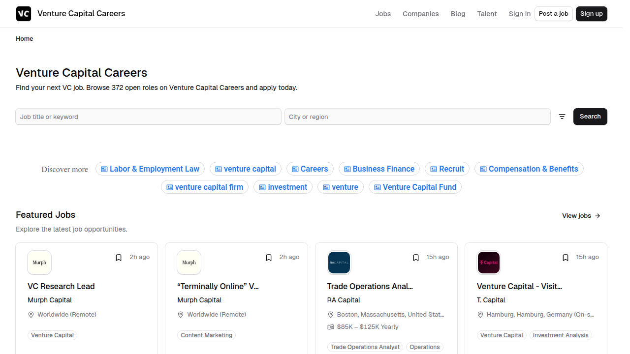 A screenshot of the Venture Capital Careers website, a resource for understanding VC due diligence processes.