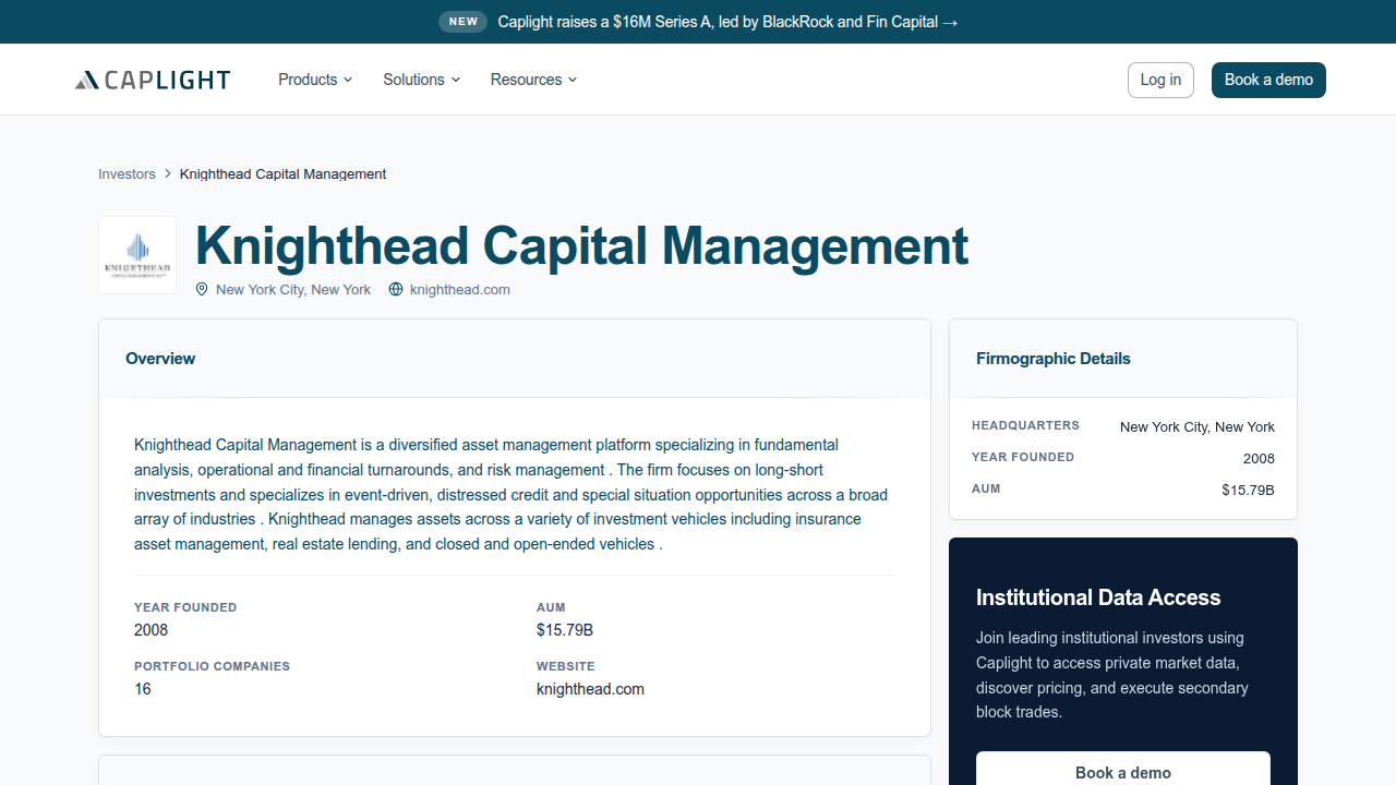 A profile of Knighthead Capital Management's portfolio and investments on Caplight.
