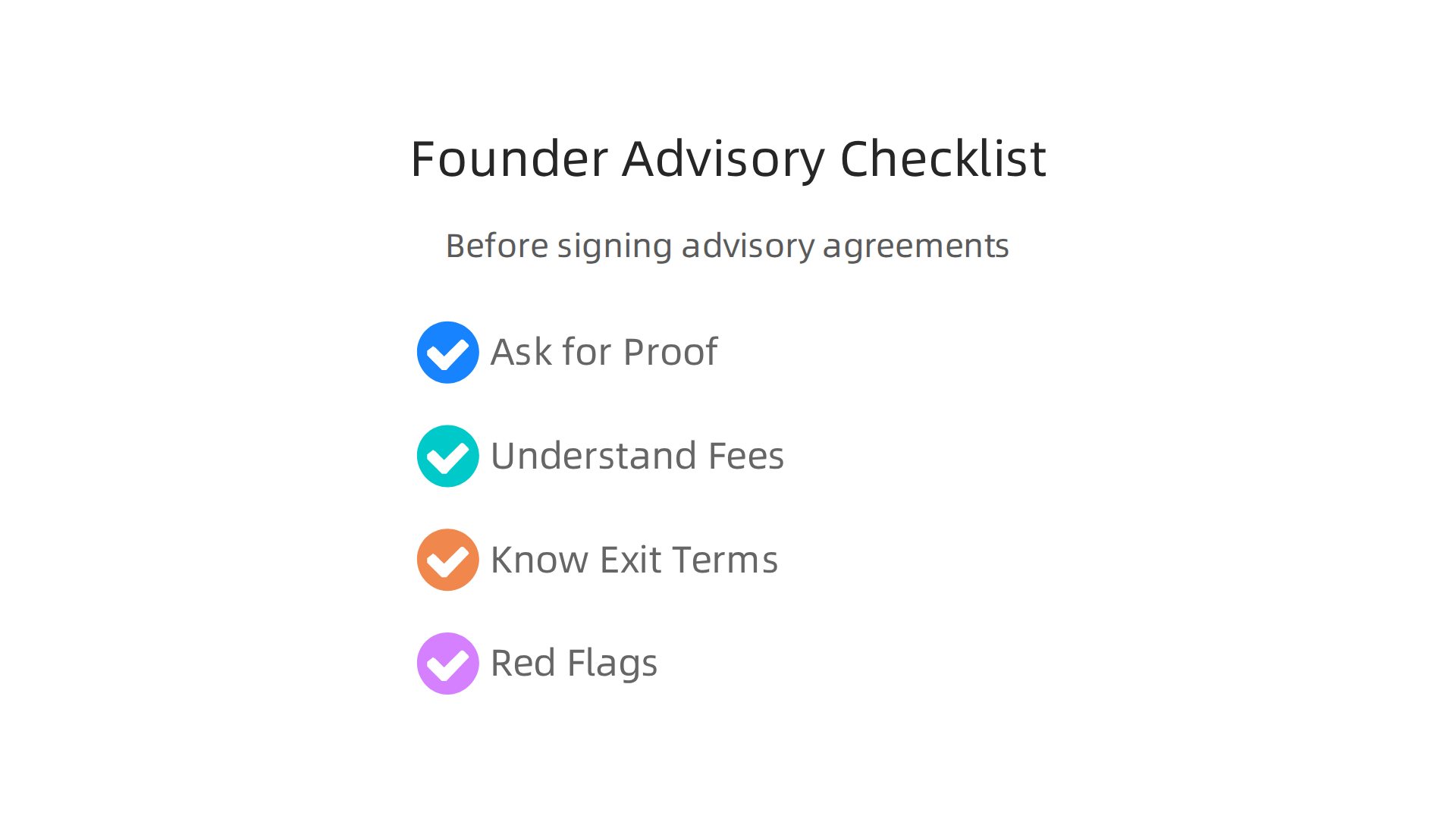 A quick checklist for founders to review before signing an advisory engagement, covering verification, fees, and exit terms.