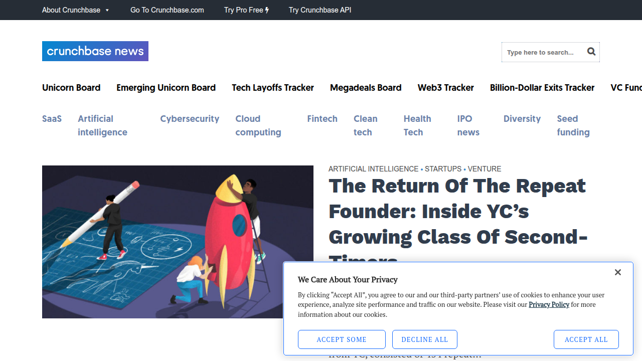 A screenshot of the Crunchbase homepage, a leading platform for business information and venture funding insights.