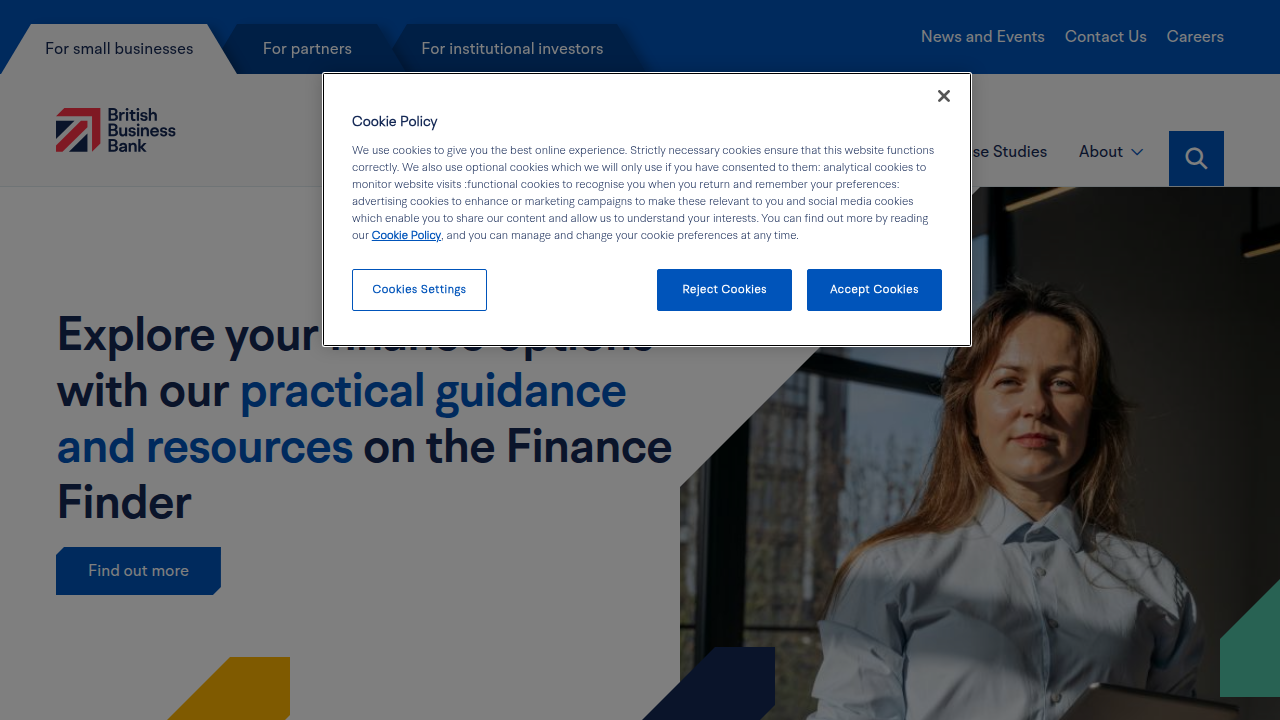 Screenshot of the British Business Bank homepage, offering guidance on business essentials.