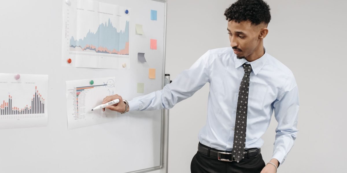 A confident professional presents their business strategy, emphasizing clarity and compelling storytelling.