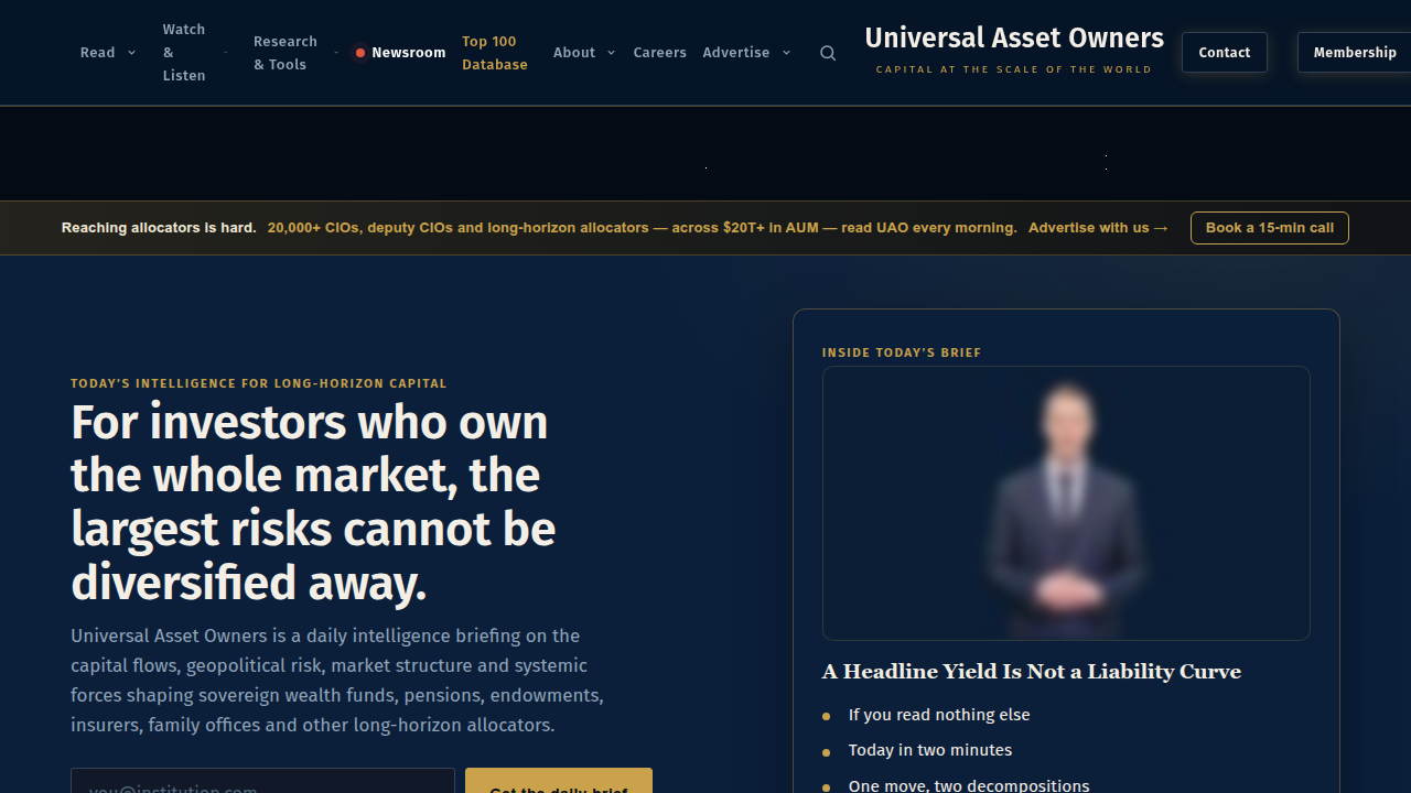 Screenshot of Universal Asset Owners, a research platform focusing on asset owners and private markets, relevant to understanding global investment trends.