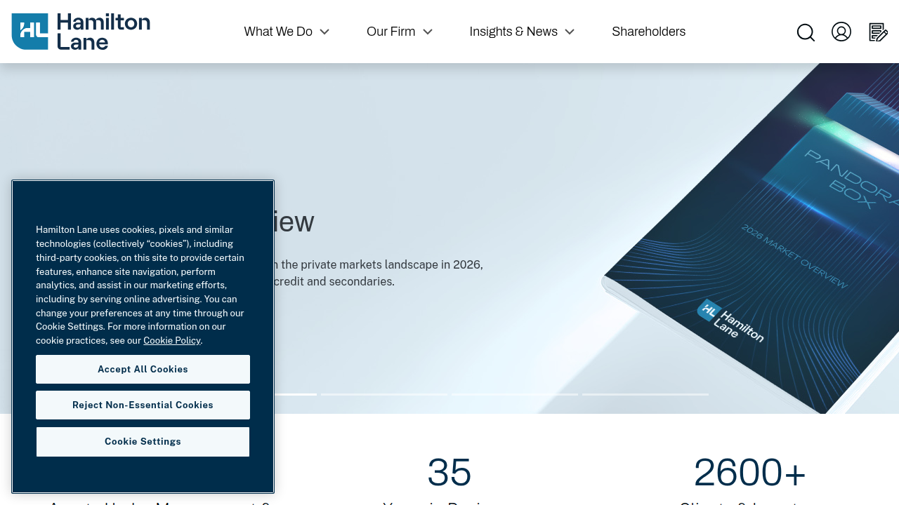 Screenshot of Hamilton Lane, a leading private markets investment firm, highlighting their expertise in global private wealth and portfolio structuring.